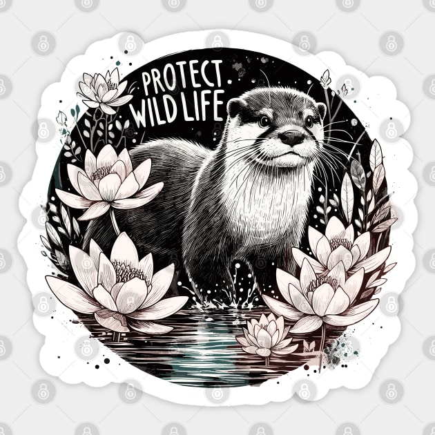 Protect Wildlife - Otter and water lilies Sticker by PrintSoulDesigns